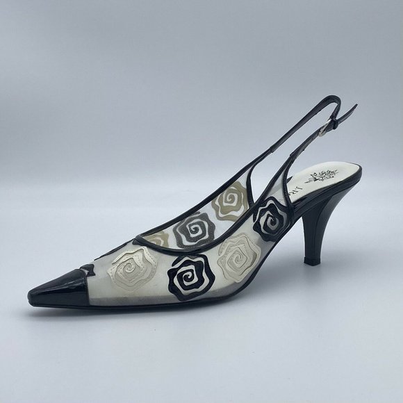J.Renee Shoes - J. Renee Vicenta Black White Rose Mesh Slingback Heels Size 12 M